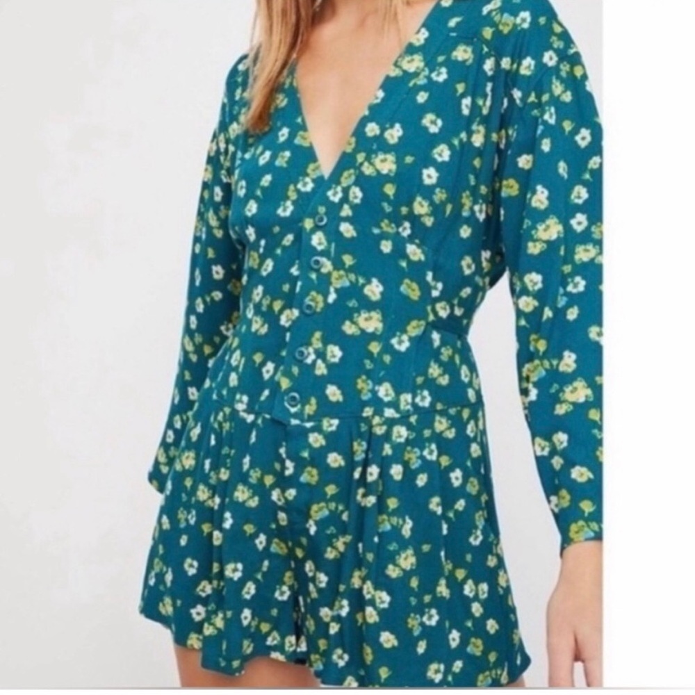 Free People Floral Long Sleeve Romper Teal Tie Waist Boho Size 6